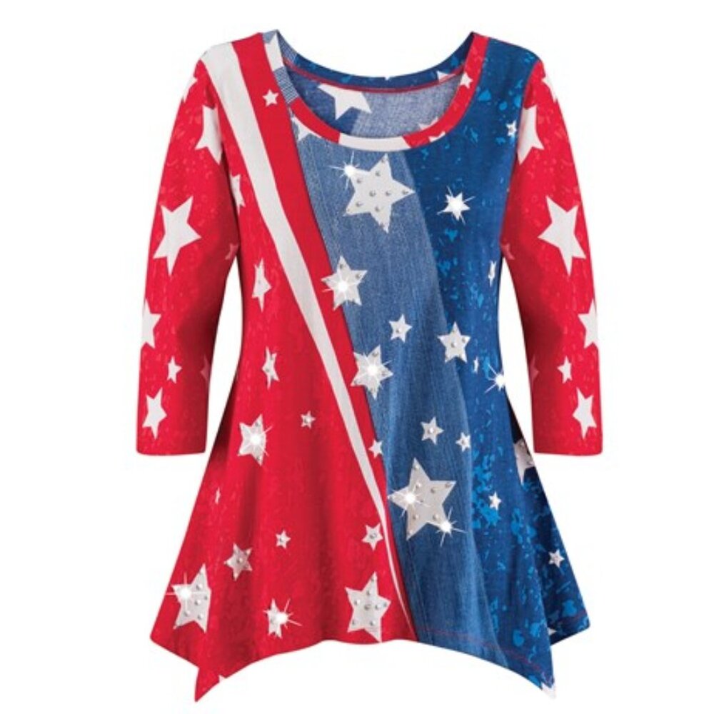 New XXL Red White Blue Patriotic Stars and Stripes Sequin Shark Bite Knit Tunic